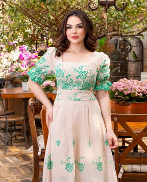 Vestido MIDI Algodão/Lesse Bege e Verde