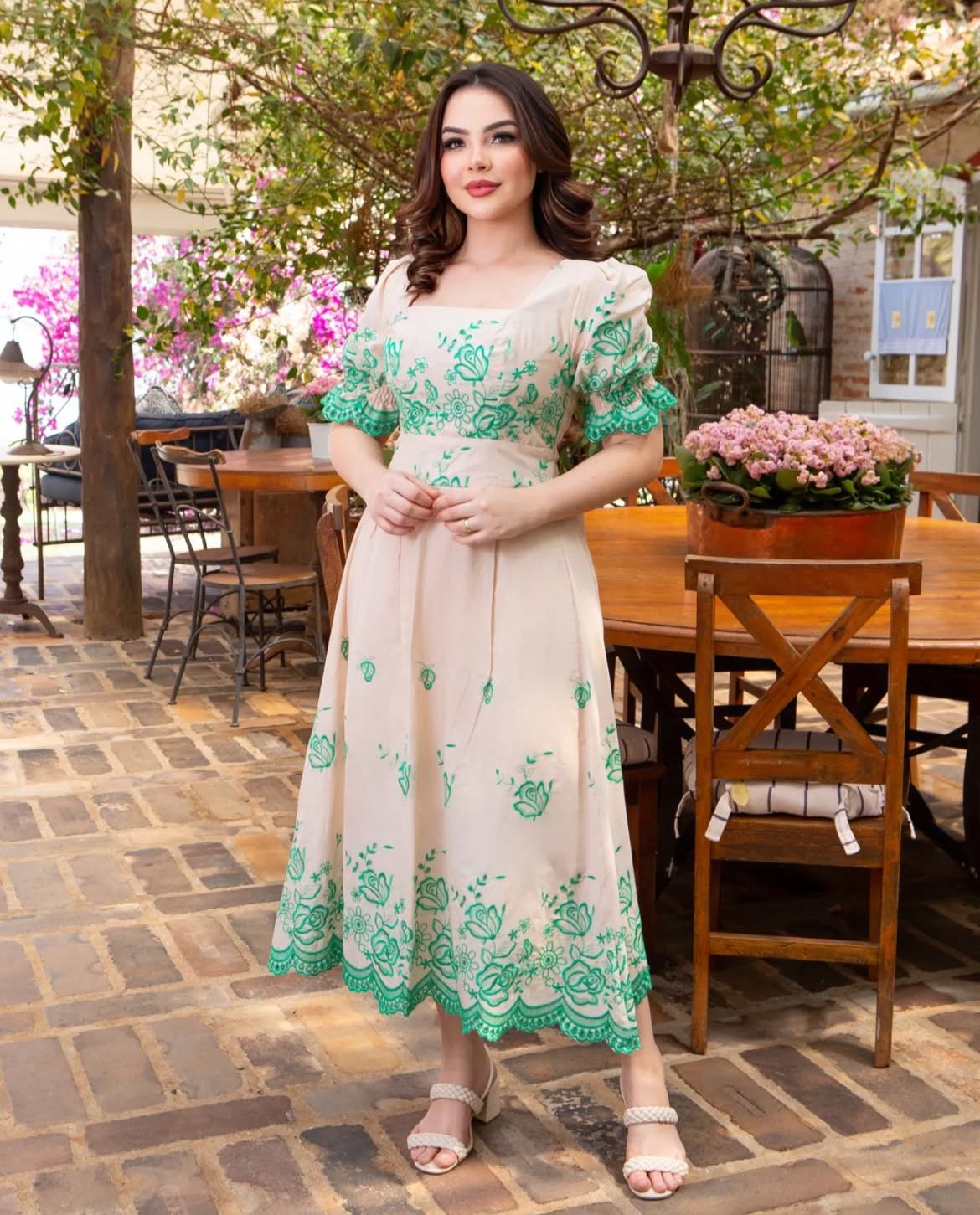Vestido MIDI Algodão/Lesse Bege e Verde