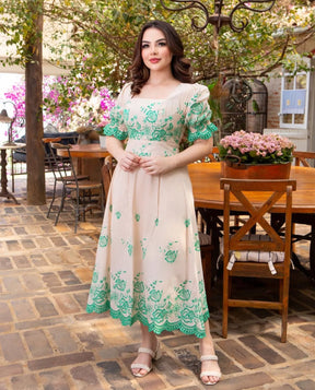 Vestido MIDI Algodão/Lesse Bege e Verde