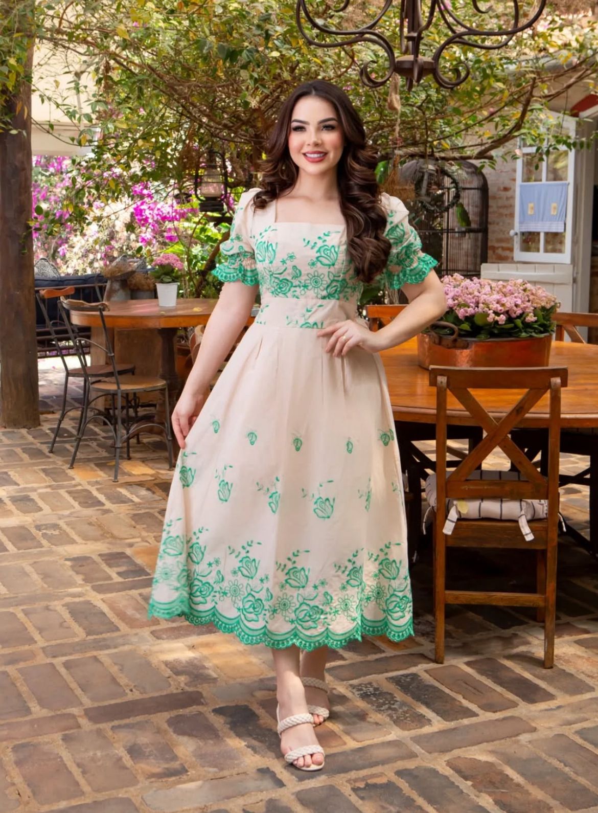 Vestido MIDI Algodão/Lesse Bege e Verde