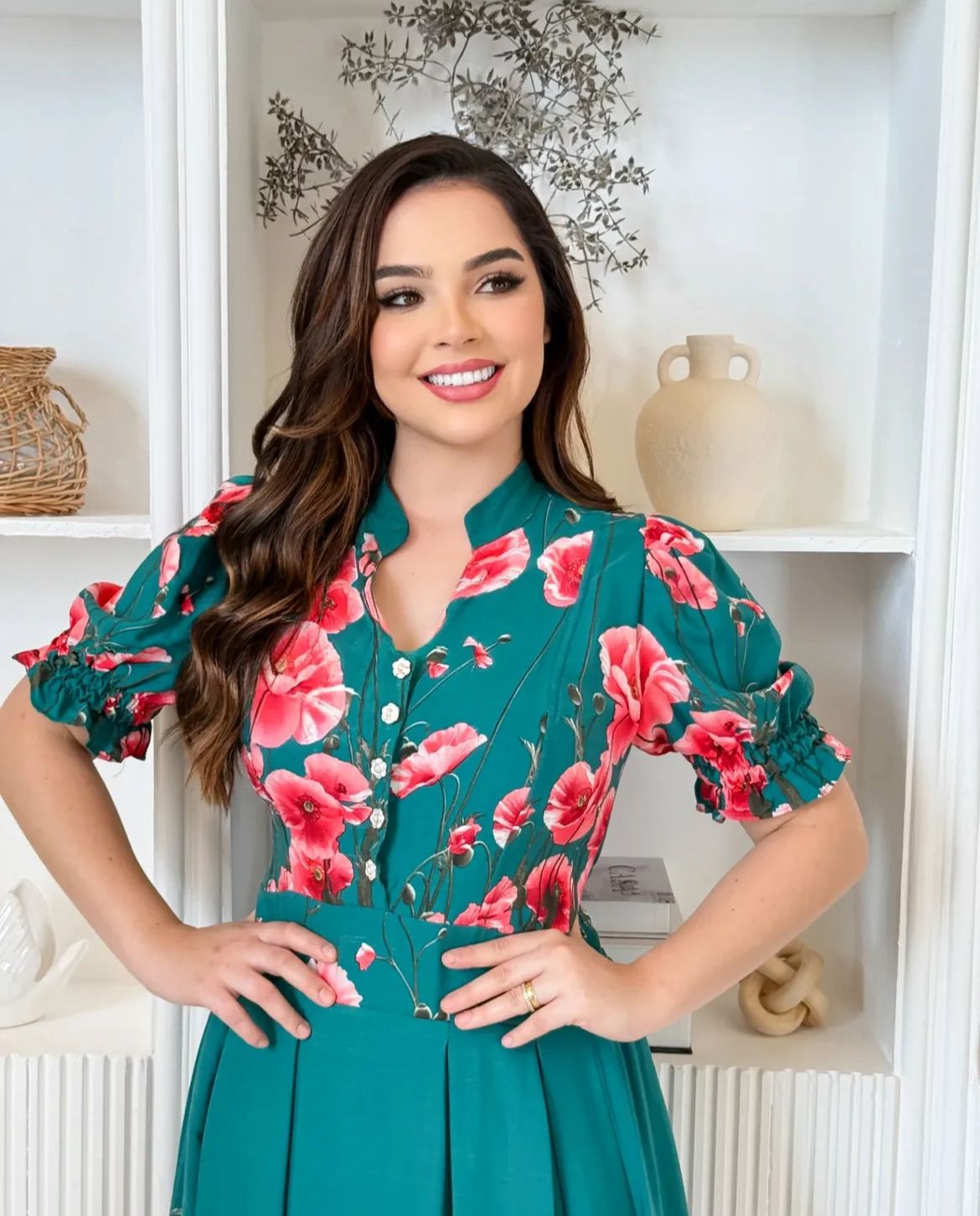 Vestido MIDI Algodão/Lesse Verde com Rosas