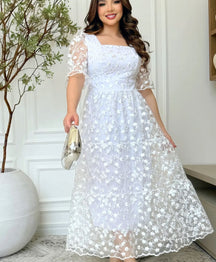 Vestido MIDI Algodão/Lesse com Mangas Transparentes