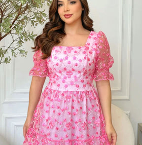 Vestido MIDI Algodão/Lesse com Mangas Transparentes