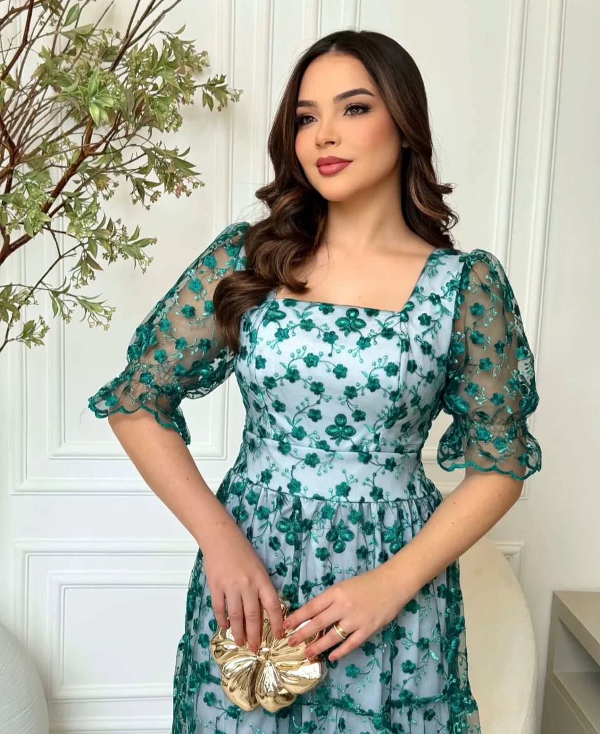 Vestido MIDI Algodão/Lesse com Mangas Transparentes