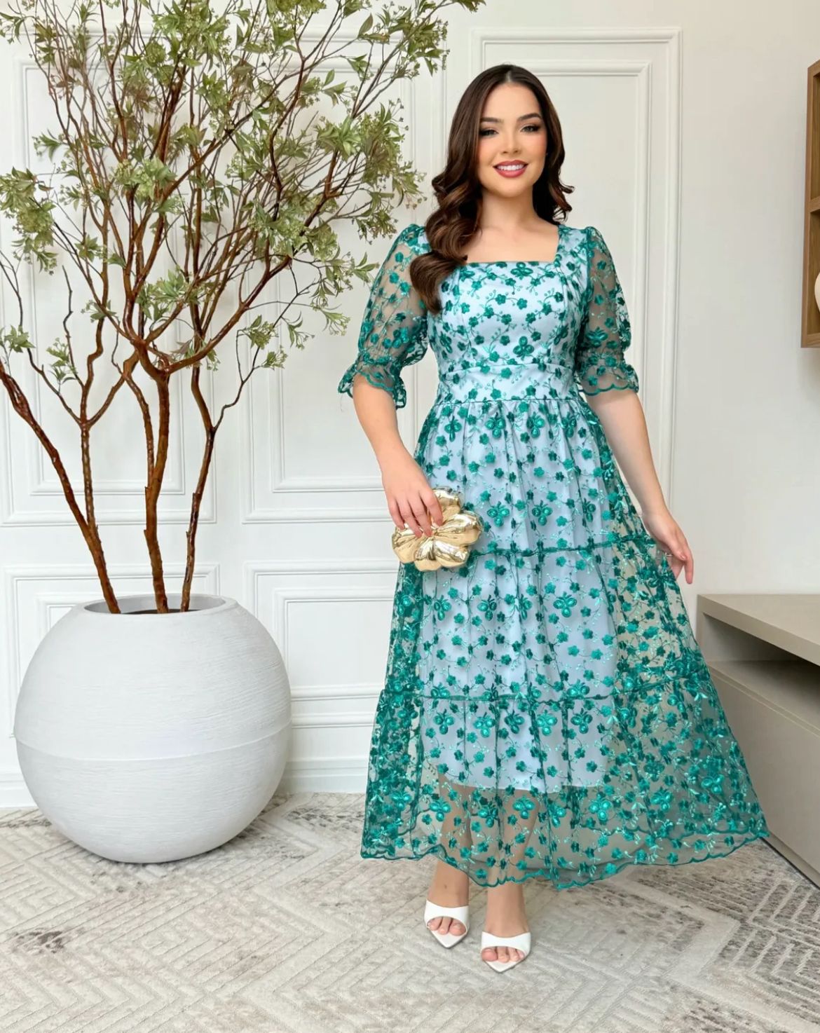 Vestido MIDI Algodão/Lesse com Mangas Transparentes