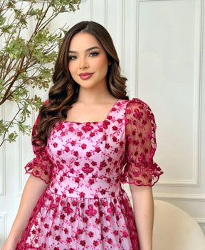 Vestido MIDI Algodão/Lesse com Mangas Transparentes